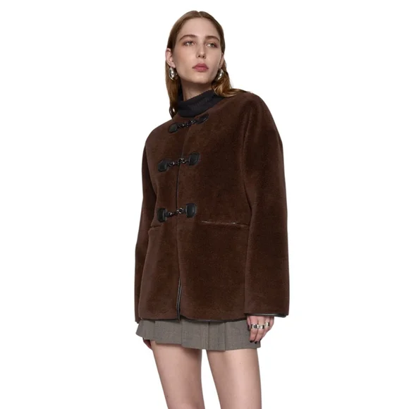 NWT Women's Rebecca Minkoff XL Brown Shearling Toggle Jacket - Picture 5 of 10
